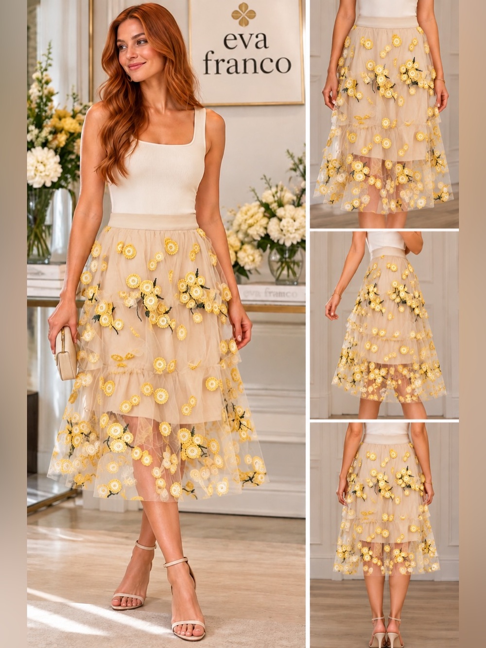 Eva Franco Beige Tulle Midi Skirt with Yellow Floral Appliqués